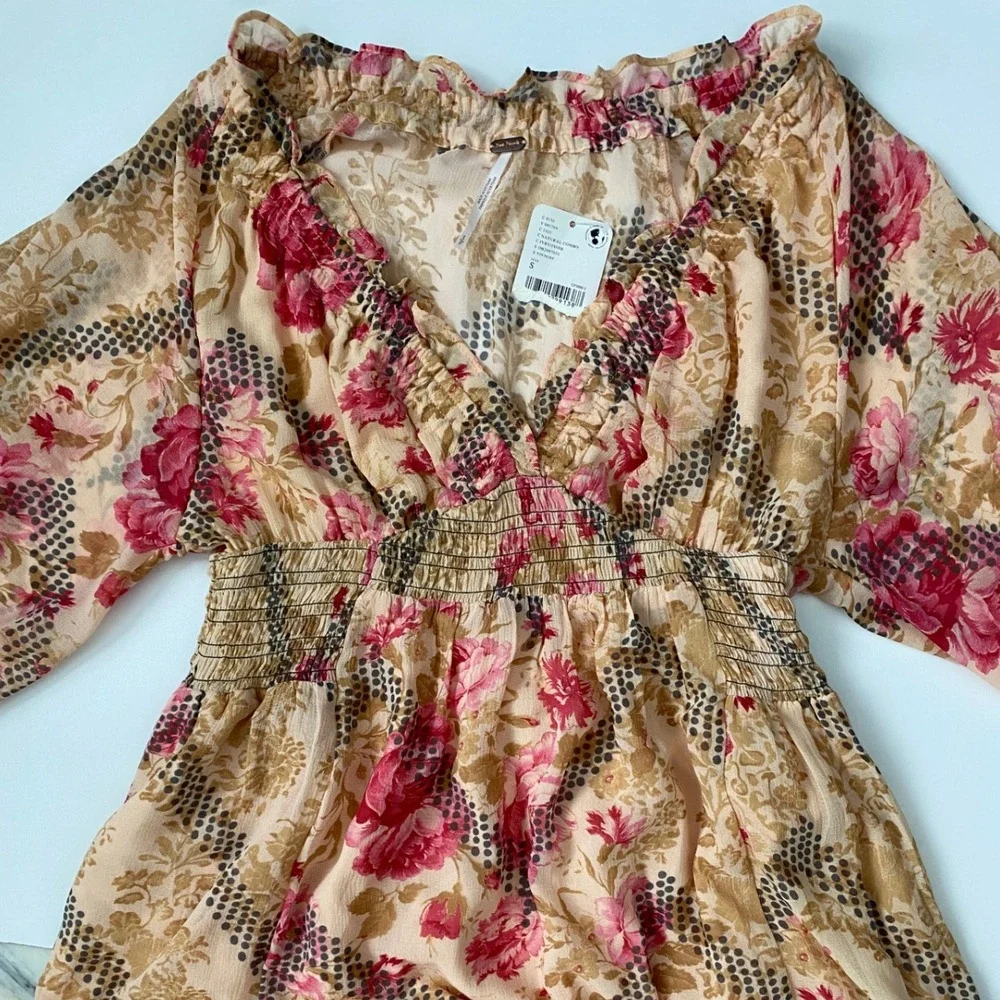 Free People Floral Maxi Dress Natural Combo V-Neck Smocked Waist Small OB2097030 - Picture 12 of 15